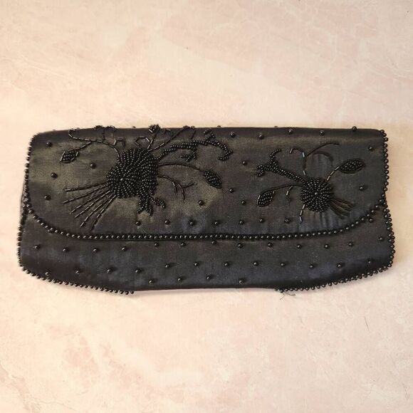 Vintage envelope wallet purse black beaded satin - Picture 1 of 6